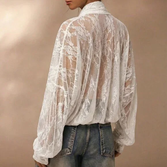 White Casual Women's Semi-Sheer Kimono Sleeves Shirt - Picture 2 of 11